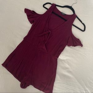 Maroon Cold Shoulder Wrapped Romper w/ Tie Front